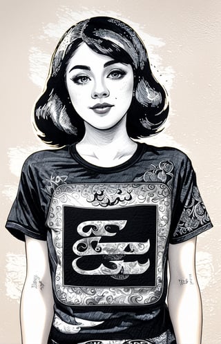 ((ink drawing)), (professional image), The image feature a black and white ink drawing of a girl with dark hair and a graphic t-shirt featuring Arabic calligraphy, ((ultra sharp focus)), (realistic textures and skin:1.1), aesthetic. masterpiece, pure perfection, high definition ((best quality, masterpiece, detailed)), ultra high resolution, hdr, art, high detail, add more detail, (extreme and intricate details), ((raw photo, 64k:1.37)), ((sharp focus:1.2)), (muted colors, dim colors, soothing tones ), siena natural ratio, ((more detail xl)),more detail XL,detailmaster2,Enhanced All,photo r3al,masterpiece,photo r3al,Masterpiece,Fashion Illustration,Architectural100,armor,royal,pauldron,noble,divine,DonMn1ghtm4reXL,Angel,mad-cyberspace