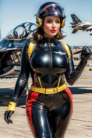 ((extremely realistic photo)), (professional photo), The image feature a A beautiful, big-breasted pilot, smiling and confident in her black and red latex combat suit, gloves and helmet, stands in front of two fighter planes on the taxiway, ((ultra sharp focus)), (realistic textures and skin:1.1), aesthetic. masterpiece, pure perfection, high definition ((best quality, masterpiece, detailed)), ultra high resolution, hdr, art, high detail, add more detail, (extreme and intricate details), ((raw photo, 64k:1.37)), ((sharp focus:1.2)), (muted colors, dim colors, soothing tones ), siena natural ratio, ((more detail xl)),more detail XL,detailmaster2,Enhanced All,photo r3al,masterpiece,photo r3al,Masterpiece,Fashion Illustration,Architectural100,armor,royal,pauldron,noble,divine,DonMn1ghtm4reXL,Angel,mad-cyberspace,glass shiny style,watce,Mecha,underwater,girl