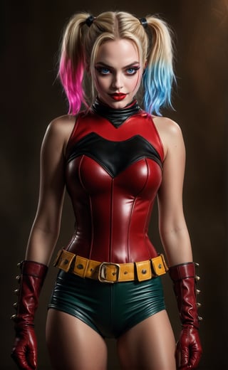((extremely realistic photo)), (professional photo), The image feature a Harley Quinn with blonde hair with pink and blue in pigtails, wearing a red leather corset, dark green spandex shorts, and red leather gloves (professional studio photo), ((ultra sharp focus)), (realistic textures and skin:1.1), aesthetic. masterpiece, pure perfection, high definition ((best quality, masterpiece, detailed)), ultra high resolution, hdr, art, high detail, add more detail, (extreme and intricate details), ((raw photo, 64k:1.37)), ((sharp focus:1.2)), (muted colors, dim colors, soothing tones ), siena natural ratio, ((more detail xl)),more detail XL,detailmaster2,Enhanced All,photo r3al,masterpiece,photo r3al,Masterpiece,Fashion Illustration,Architectural100,armor,royal,pauldron,noble,divine,DonMn1ghtm4reXL,Angel,mad-cyberspace,glass shiny style,watce,Mecha,underwater,girl,Realistic,arien photography,chinese art photography,beautypinupart,1girl