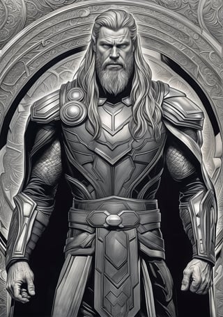 ((art drawing)), (professional image), In this bench and black drawing done in pencil, Thor stands in front of an archway. He wears armor. The background is ornate and features a circular pattern, ((ultra sharp focus)), (realistic textures:1.1), aesthetic. masterpiece, pure perfection, high definition ((best quality, masterpiece, detailed)), ultra high resolution, hdr, art, high detail, add more detail, (extreme and intricate details), ((raw photo, 64k:1.37)), ((sharp focus:1.2)), (muted colors, dim colors, soothing tones ), siena natural ratio, ((more detail xl)),more detail XL,detailmaster2,Enhanced All,photo r3al,masterpiece,photo r3al,Masterpiece,