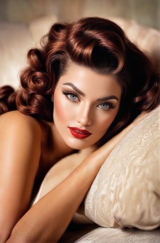 ((extremely realistic photo)), (professional photo), The image feature a beautiful redhair woman with red lipstick and vintage hairdo lies on a white couch. His big, bright gray eyes are hypnotic, ((ultra sharp focus)), (realistic textures and skin:1.1), aesthetic. masterpiece, pure perfection, high definition ((best quality, masterpiece, detailed)), ultra high resolution, hdr, art, high detail, add more detail, (extreme and intricate details), ((raw photo, 64k:1.37)), ((sharp focus:1.2)), (muted colors, dim colors, soothing tones ), siena natural ratio, ((more detail xl)),more detail XL,detailmaster2,Enhanced All,photo r3al,masterpiece,photo r3al,Masterpiece,Fashion Illustration,Architectural100,armor,royal