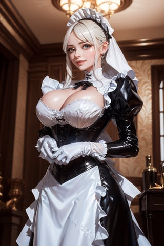 Imagine this. Upscaled. (Masterpiece, best quality, high resolution, highly detailed), Indoors detailed background, perfect lighting. (1girl:1.3), solo, (Hands:1.1), better_hands, gloved hands, better_hands. Rule of thirds,
Corny Katrina maid with white hair smiling and teasing you. Maid, black dress (dress:1.2), heavy duty working rubber gloves, puffy skirt, long skirt, puffy sleeves, long sleeves, Juliet sleeves, buttoned blouse with Victorian neck, tight corset, (huge breasts:1.1), breastfeeding chest. Indoors, (renaissance, vintage:1.2), ornate walls, 
By Paracosmos. 
,nodf_lora,LatexConcept