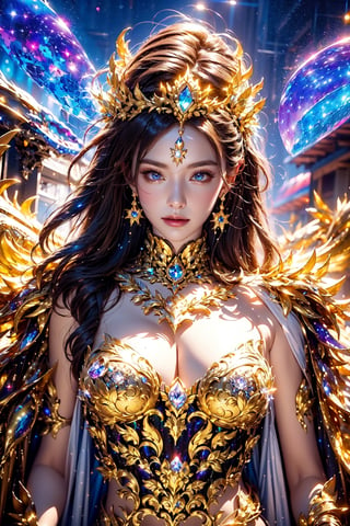 Gaia,Starlight crown, (glowing galaxy on crystal armor:1.3), crystal decoration, cosmic background,Gorgeous shawl, golden cloak , Whole body light pattern,aurora,busty,naked,rain,rainbow,flowers,blue moon ,(thin)