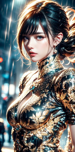 (Female paladin,Onmyoji, Saint Seiya),pink lace lingerie ,gold chain over clothes,(complex Gorgeous dragon pattern empty bare bodysuit), city. masterpiece, beautiful and aesthetic, 8K, HDR, high contrast,raw photo, best quality, realistic, photo-Realistic,  high contrast, vibrant color, muted colors, cinematic lighting, ambient lighting, sidelighting, Exquisite details and textures,ultra realistic illustration, siena natural ratio,(crystal and silver entanglement) ,(white tones:1.5),(rain:1.3),(street),(windy)