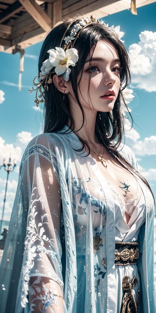 goddess, pattern cloak, patterned robe,(pattern tattoos),windy,wet_clothes,wet hair,white background,Dreamy clouds