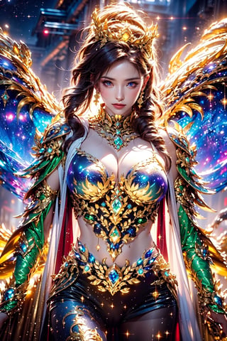 Gaia,Starlight crown, (glowing galaxy on crystal armor:1.3), crystal decoration, cosmic background,Gorgeous shawl, golden cloak , Whole body light pattern,aurora,busty,naked,rain,rainbow,flowers,blue moon ,(thin)