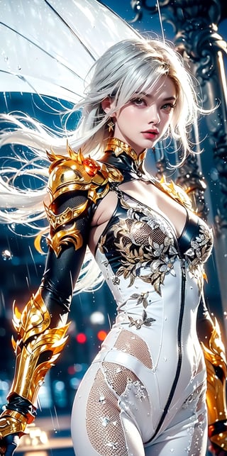 (Female paladin,Onmyoji, Saint Seiya),pink lace lingerie ,gold chain over clothes,(complex Gorgeous dragon pattern empty bare bodysuit). masterpiece, beautiful and aesthetic, HDR, high contrast,raw photo, best quality, realistic, photo-Realistic,  high contrast, vibrant color, muted colors, cinematic lighting, ambient lighting, sidelighting, Exquisite details and textures,(crystal and silver entanglement) ,(white tones:1.7),(rain:1.3),(street),(windy)