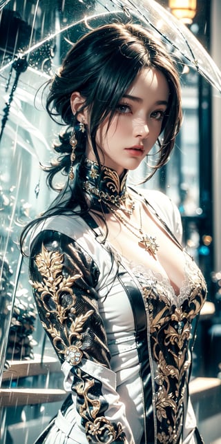 (Female paladin,Onmyoji, Saint Seiya),pink lace lingerie ,gold chain over clothes,(complex Gorgeous dragon pattern empty bare bodysuit). masterpiece, beautiful and aesthetic, HDR, high contrast,raw photo, best quality, realistic, photo-Realistic,  high contrast, vibrant color, muted colors, cinematic lighting, ambient lighting, sidelighting, Exquisite details and textures,(crystal and silver entanglement) ,(white tones:1.7),(rain:1.3),(street),(windy)