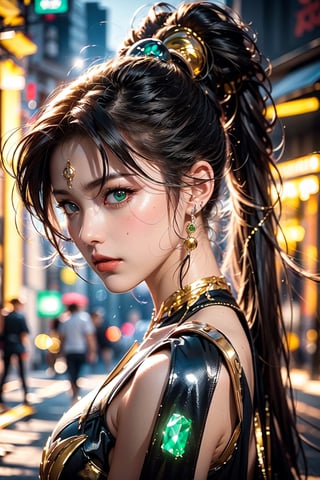 (Sailor Moon , Kyuubi ), chiffon costume,hair beads ,hair ribbon, long_ponytail , street , sunlight ,green and red entanglement, crystal and silver entanglement .masterpiece, beautiful and aesthetic, 8K, HDR, high contrast,raw photo, best quality, realistic, photo-Realistic, best quality, masterpiece, high contrast, vibrant color, muted colors, cinematic lighting, ambient lighting, sidelighting, Exquisite details and textures,ultra realistic illustration,dragon head