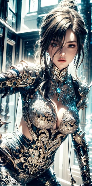 (Female paladin,Onmyoji, Saint Seiya),pink lace lingerie ,gold chain over clothes,(complex Gorgeous dragon pattern empty bare bodysuit), city. masterpiece, beautiful and aesthetic, 8K, HDR, high contrast,raw photo, best quality, realistic, photo-Realistic,  high contrast, vibrant color, muted colors, cinematic lighting, ambient lighting, sidelighting, Exquisite details and textures,ultra realistic illustration, siena natural ratio,(crystal and silver entanglement) ,(Muted Tones:1.5)