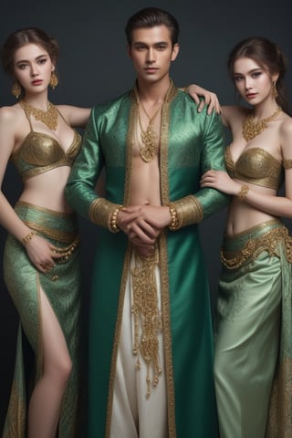A Beautiful man with beautiful-eyed maidens wearing bracelets of gold and pearl and green garments of fine silk and brocade, cleavage cutout, belly button, side slits, analog photograph, professional fashion photoshoot, hyperrealistic, masterpiece, trending on artstation,krrrsty