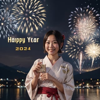 1boy, 1girl, japanese, yukata, mountain fuji, midnight, New Year's Ball Drop, firework, ultrarealistic, 5_fingered, BREAK (holding a legible and perfectly typed ("HAPPY NEW YEAR 2024":1.4) large sign)