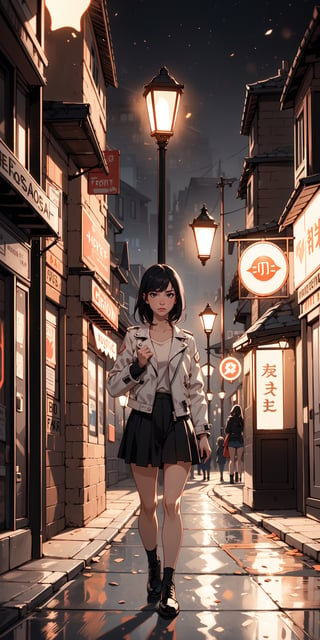 1women,, white moto jacket, black hair, real hands, roy, night, night lump, street lamp light, soft light, (epic low shot), wallpaper, cinematic,High detailed,,