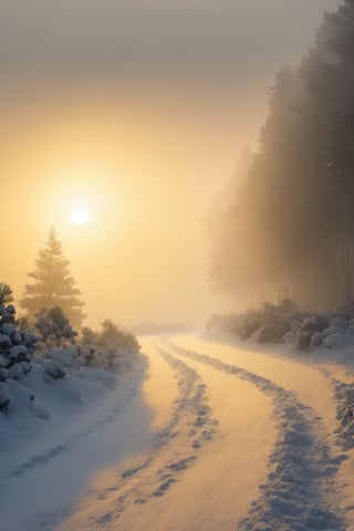 Snowy mist and pine road, distant silhouette. In the evening, the indoor lighting is warm yellow