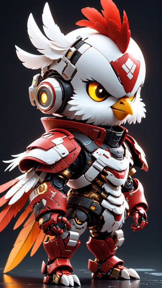 (masterpiece, best quality:1.5), EpicLogo,Golden armor, robot, red armor, white face, look on viewer,chicken style, central view, cute, hues, Movie Still, cyberpunk, full body,feather tail,Feather tail behind butt, cinematic scene, intricate mech details , ground level shot, 8K resolution, Cinema 4D, Behance HD, polished metal, shiny, data, white background