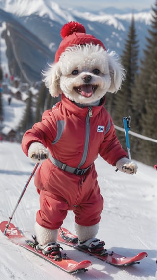 The anthropomorphic Bichon Frize dog stands like a human on the ski resort, wearing a red ski suit, with glass ,sideways,side view,a ski hat with a very excited expression.  with bigger hat,make skiing moves,Hair is more natural and wearing shoes,The characters are smaller,motion blur,
Photography level