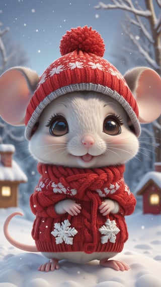 "cute little mouse wearing red knitted winter hat. huge big round eyes. snowflakes around cartoon style, christmas theme, showcasing perfect body proportions and a flawlessly detailed head, in high definition.", 3d, C4D, mixer, Octane rendering, Masterpieces in pastel colors, Soft material, Best Quality, super detaill, High Quality, 4k, (3d, cute, chibi style), ((perfect high detailed image)),