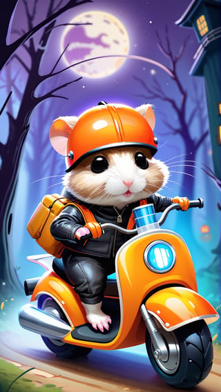 Craft an irresistibly cute Halloween-themed image featuring a little hamster riding on a mini motorbike. Envision the hamster wearing sunglasses, a pumpkin design helmet, and a stylish leather jacket. Request vibrant colors, charming details, and a whimsical Halloween background that enhances the cuteness. Aim for a visually delightful composition capturing the adorableness of this little hamster on a Halloween adventure with its mini motorbike,v0ng44g,bangerooo