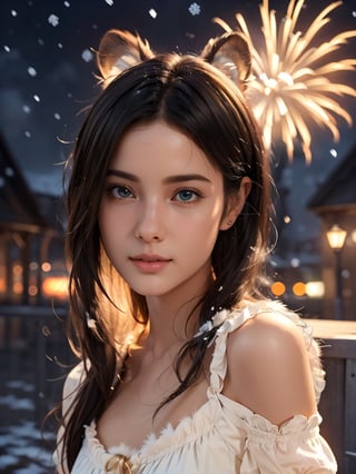 (best quality, masterpiece, perfect face :1.2), (beautiful and aesthetic:1.2), colorful, dynamic angle, highest detailed face), Ultra detailed illustration, girl,  boy, the atmosphere is fun and full of happiness. The sky was filled with colorful fireworks. In the front is a couple facing each other (Realistic:1.4), Adorable , (wearing furry winter, puffy short sleeves :1.6), (high quality:1.3),  (ultra detailed,  8K, 16K, ultra highres),  sharp focus,  professional dslr photo,  photoreal,  (Photorealistic:1.4), UHD,  HDR,  volumetric fx,  ray tracing,  (((intricate details))),  extremely detailed CG,  perfect anatomy,  perfect face,  beautiful,  cinematic photo,  romantic tone,  vibrant colors,  perfect photography,  professional,  perfect sky,  (pastel colors,
, orange,  red,  gold hues), digital art, art by Mschiffer, bioluminescence,