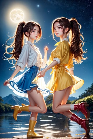 Beautiful girl, (extremely detailed background 1.4), Two girls playing in puddles wearing rain boots. In the center of the puddles,  there is a clear reflection of the transparent water surface with bright light reflecting upon it. The girls are dressed in yellow raincoats and wearing boots,  allowing them to play in the puddles without getting wet. One of them is an energetic girl with her hair tied up in pigtails,  while the other has cute short twin tails. Holding hands,  they jump and frolic, creating splashes of water. The weather is fine after the rain,  and a vibrant rainbow stretches across the background, creating a joyful atmosphere, Dark night, wind blowing,  stary night,  night sky, absurderes,  high resolution,  Ultra detailed backgrounds,  highly detailed hair, Calm tones,  (Geometry:1.42),  (Symmetrical background:1.4), Photograph the whole body , from below, Backlighting of natural light, falling petals, 
the source of light is the moon light, colorful wear,  (adorable difference face:1.4), (best quality, masterpiece:1.4, beautiful and aesthetic), 8K, (HDR:1.4),1 line drawing,Wonder of Art and Beauty,SGBB