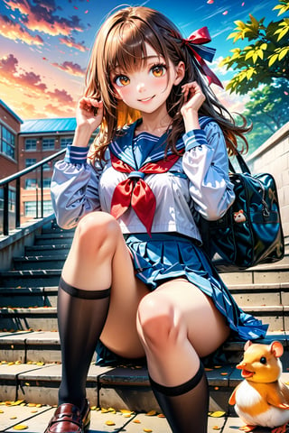 (perfect face), top quality, (official art :1.2), UHD, HDR, 16K, 8K, vivid color, (high quality:1.3), (masterpiece, best quality:1.4), (ultra detailed, ultra highres), sharp focus, extremely detailed CG, cute hair style (illustration:1.2), (photorealisitc :1.37), high contrast, colorful, school uniform, stairs, brown hair, outdoors, serafuku, skirt, bag, long hair, sitting on stairs, shoes, brown eyes, pleated skirt, black socks, cloud, school bag, loafers, looking at viewer, wind, neckerchief, long sleeves, kneehighs, sailor collar, sky, bangs, white shirt, hair ribbon, railing, brown footwear, hair tucking, petals, leaf, ribbon ,slender hands, sparkling eyes, (extremely beautiful, super cute:1.3), (detailed face, rosy skin, perfect eyes, detailed pupil), (cute Hamster:1.1), mandarin orange, dusk, duck toy, adorable, 1girl, solo, (smile), (dynamic action pose :1.2), (looking at camera:1.3), intricate details, (highschool detailed background :1.6) ,Charm of beauty, ,konatto