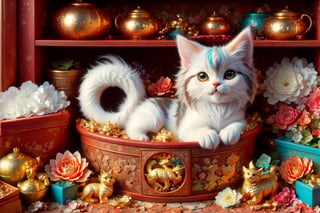 (best quality,ultra-detailed,cute animals,vivid colors,soft lighting,digital illustration,fluffy fur,playful expressions,adorable poses,dreamy atmosphere,colorful surroundings), (art by Makoto :1.5), digital art, child, cute cat, 16K, cool wallpaper, things, flowers, pillows, clutter, toy, basket, wood, pot, can copper, garden yard, circle face, smile,