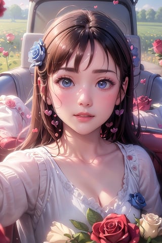rose in object, ultra detailed, (masterpiece, top quality, best quality, official art, perfect face:1.2), UHD, (cinematic, azure and light pink:0.85), (muted colors, dim colors), falling petals, purple roses, multicolor rose, happiness, (action hearts:1.4), (full field roses :1.4), (blue rose in recreation Vehicle: 1.5), flowers, rose, horse-drawn carriage,