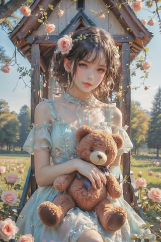 ultra detailed,  (masterpiece,  top quality,  best quality,  official art,  perfect face:1.2),  UHD,(cinematic,  azure and light pink:0.85),  (muted colors,  dim colors),  falling petals,  red roses , happiness, (wearing trendy fashion:1.4), chiffon sheer dress vanilla, (full field roses :1.4), (((hold a teddy bear))), dynamic posing, tree house, park, swing, cute_girl, pastel flowers , lilac, rose, Line art,1girl, Light master,More Reasonable Details,emo