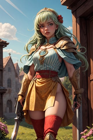 masterpiece, official art, ((ultra detailed)), (ultra quality), high quality, perfect face, 1 girl with long hair, blond-green hair with bangs, bronze eyes, detailed face, wearing a fancy ornate (((folk dress))), shoulder armor, armor, glove, hairband, hair accessories, striped, (holding the great weapon:1.7), jewelery, thighhighs, pauldrons, side slit, capelet, vertical stripes, looking at viewer, fantastical and ethereal scenery, daytime, church, grass, flowers. Intricate details, extremely detailed, incredible details, full colored, complex details, hyper maximalist, detailed decoration, detailed lines, best quality, HDR, dynamic lighting, perfect anatomy, realistic, more detail, Architect
