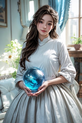 1girl, solo, (masterpiece), (absurdres:1.3), (ultra detailed), HDR, UHD, 16K, ray tracing, vibrant eyes, perfect face, award winning photo, beautiful, shiny skin, (highly detailed), clear face, teenage cute delicate girl, (shy blush:1.1), (high quality, high res, aesthetic:1.1), (feminine pose:1.3) ,slightly smile, lens flare, photo quality, big dream eyes, ((perfect eyes, perfect fingers)), iridescent brown hair, vivid color, perfect lighting, perfect shadow, realistic, stunning light, (atmosphere :1.6), nice hands, insane details ,high details ,kawaii, (extra wide shot: 1.8)

(Sharp focus realistic illustration:1.2), a giant glass sphere containing a small ecosystem, surrounded by measurement devices is installed in large-scale factory, a girl Priest stands next to the sphere, divine magic, sacred texts, wedding dress , Middle East style, delicate linework, fine details, whimsical patterns, enchanting scenes, dreamy visuals, captivating storytelling ,yakiyama line