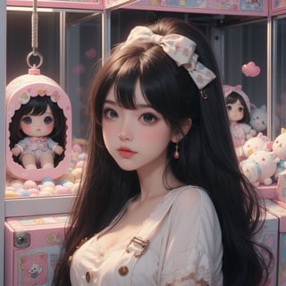 1girl, best quality, ultra-detailed, (((masterpiece))), (((best quality))), extremely detailed, ((claw machine)), ((claw is clamping a doll box up)), hand on bottom panel, control joystick and press button with hand, cleavage, big tits, ribbon, beige lace overalls, black updo longhair, shy, blush, petite figure proportion, claw machine, Glittering, cute and adorable, (perfect lighting, perfect shadow), dreamlike scenery,Realism, blending colors,vibrant hues, amazing photo, wearing dress pretty bow patterns, Chibi, 