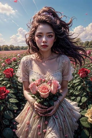 rose in object,  ultra detailed,  (masterpiece,  top quality,  best quality,  official art,  perfect face:1.2),  UHD,(cinematic,  azure and light pink:0.85),  (muted colors,  dim colors),  falling petals, purple roses , multicolor rose, happiness, (action hearts:1.4), (full field roses :1.4) , in Flower recreation Vehicle,motorhome, flowers,rose, 