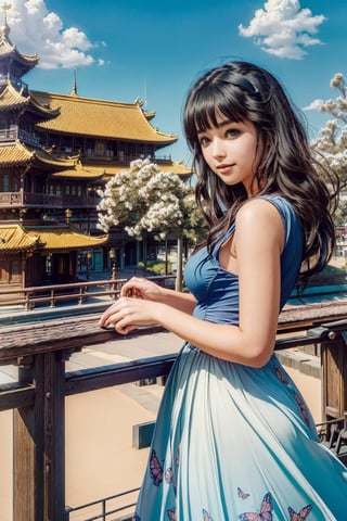 (1girl :1.5), front shot, adorable, (ultra detailed, ultra highres), (masterpiece, top quality, best quality, official art :1.4), (high quality:1.3), cinematic, wide shot, (muted colors, dim colors), A whimsical cityscape under a bright blue sky with fluffy clouds and butterflies. The city features traditional wooden buildings and a fantastical structure that combines a castle, a pagoda, and a Ferris wheel. The colors are vibrant and detailed. 4k, perfect hands, perfect fingers, Ghiblism2-Ghibli, GhiblismDetailed2, Ghiblismkw2 extremely detailed CG, photorealistic,Anitoon2,Pastel color