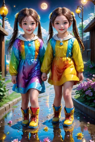 HDR, UHD, 16K, ultra detailed, (masterpiece, top quality, best quality, official art :1.2),( high res:1.2)(photorealistic:1.37), beautiful Two girls playing in puddles wearing rain boots. In the center of the puddles,  there is a clear reflection of the transparent water surface with bright light reflecting upon it. The girls are dressed in yellow raincoats and wearing boots,  allowing them to play in the puddles without getting wet. One of them is an energetic girl with her hair tied up in pigtails,  while the other has cute short twin tails. Holding hands,  they jump and frolic,  creating splashes of water. The weather is fine after the rain,  and a vibrant rainbow stretches across the background,  creating a joyful atmosphere,  Dark night,  wind blowing,  stary night,  night sky,  absurderes,  high resolution,  Ultra detailed backgrounds,  highly detailed hair,  Calm tones,  (Geometry:1.42), (Symmetrical background:1.4),  Photograph the whole body,  from below,  Backlighting of natural light,  falling petals,  the source of light is the moon light,  colorful wear,  (adorable difference face:1.4), (sharp focus:1.3), cyberpunk style,apex realistic XL