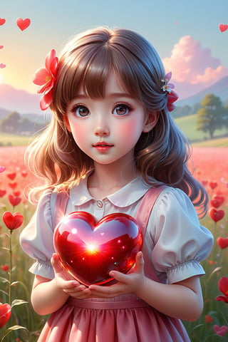 (masterpiece), (absurdres:1.3), (ultra detailed), HDR, UHD, 16K, ray tracing, vibrant eyes, perfect face, award winning photo, A silhouette of a young girl with flowing hair, standing in a field. She holds a red heart-shaped object, possibly a flower, in her hand. The background is framed within a heart shape, with a gradient of colors transitioning from a light beige at the top to a darker hue at the bottom. The overall mood of the image is serene and dreamy, evoking feelings of love and tranquility., painting, conceptual art, illustration shiny skin, (shy blush:1.1), (dynamic action pose:1.3) ,slightly smile, lens flare, photo quality, big dream eyes, ((perfect eyes, perfect fingers)) ,kawaii, (Sharp focus realistic illustration:1.2), adorable,