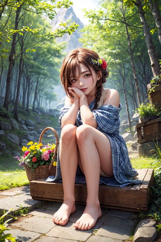 (best quality),(masterpiece:1.1),(extremely detailed CG unity wallpaper:1.1), (colorful cloth :1.3),(panorama shot:1.4),looking at viewer, from below, high res, detailed face, detailed eyes, 1 girl, solo, short-bob roughtly cut and two braided hair-bangs tied behind her head, cute hairstyle, full body, mountain forest , outdoors, (perfect fingers :1.4), perfect face, five fingers for each hand, fantasy, hugging basket , Exquisite face,Isometric_Setting,KibaManamiManityro