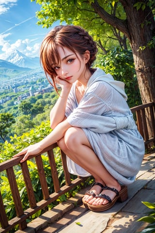 (best quality),(masterpiece:1.1),(extremely detailed CG unity wallpaper:1.1), (colorful cloth :1.3),(panorama shot:1.4),looking at viewer, from below, high res, detailed face, detailed eyes, 1 girl, solo, short-bob roughtly cut and two braided hair-bangs tied behind her head, cute hairstyle, full body, mountain forest , outdoors, (perfect fingers :1.4), perfect face, five fingers for each hand, fantasy, hugging basket , Exquisite face,Isometric_Setting,KibaManamiManityro