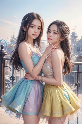 (best quality), (extremely detailed CG unity 8k wallpaper:1.1), (colorful:0.9),(panorama shot:1.4),upper body,looking at viewer,from above, 2 girls hugging each other, 15yo, (((Disney cartoon cosplay))), (Disney land Tokyo :1.4), fun,smile, happiness, Nature, colorful, exposure blend, medium shot, bokeh, high contrast, (muted colors, dim colors, soothing tones:1.3), low saturation, Adorable cloth, shiny, (high quality:1.3), (masterpiece, best quality:1.4), (ultra detailed, 8K, 4K, ultra highres), (Beautifully Detailed Face and Fingers), (Five Fingers) Each Hand, nice hands, (perfect fingers, perfect hands :1.3), sharp focus, professional dslr photo, (Photorealistic:1.4), UHD, HDR, volumetric fx, (((intricate details))), extremely detailed CG, cinematic photo, perfect photography, professional, perfect sky, shiny, glitter, gradient color all fluentcolor, colorful, (professional photograpy:1.1),