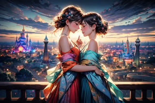 (best quality), (extremely detailed CG unity 8k wallpaper:1.1), (colorful:0.9),(panorama shot:1.4),upper body,looking at viewer,from above, 2 girls hugging each other,15yo, cosplay, (Disney land Tokyo :1.4), fun,smile, happiness, Nature, colorful, exposure blend, medium shot, bokeh, high contrast, (muted colors, dim colors, soothing tones:1.3), low saturation, Adorable cloth, shiny, luxury red off the shoulder full skirt vintage swing dress, (high quality:1.3), (masterpiece, best quality:1.4), (ultra detailed, 8K, 4K, ultra highres), (Beautifully Detailed Face and Fingers), (Five Fingers) Each Hand, nice hands, (perfect fingers, perfect hands :1.3), sharp focus, professional dslr photo, (Photorealistic:1.4), UHD, HDR, volumetric fx, (((intricate details))), extremely detailed CG, cinematic photo, perfect photography, professional, perfect sky, shiny, glitter, gradient color all fluentcolor, colorful, (professional photograpy:1.1),child