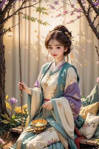 Beautiful 1girl, ((12 years old)), (masterpiece, top quality, best quality, official art, beautiful and aesthetic:1.2), (executoner), extreme detailed, colorful, highest detailed ((ultra-detailed)), (highly detailed CG illustration), ((an extremely delicate and beautiful)), cinematic light, niji style, Chinese house style, in the morning light, maple tree bloom, sunray through the leaves, beautiful eyes, ((light brown eyes)), perfect face, smiling happily, 32k ultra high definition, Pixar movie scene style, realistic high quality Portrait photography, eternal beauty, the lantern behind her emits a soft light, beautiful and dreamy, the flowers are in bloom, and the light bokeh serves as the background, (bronze eyes:1.4), ((purple and yellow hues)), cute animal winterhanfu, holding object, funny pose, (sitting on a tree swing:1.5), swing on swing