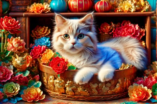 (best quality,ultra-detailed,cute animals,vivid colors,soft lighting,digital illustration,fluffy fur,playful expressions,adorable poses,dreamy atmosphere,colorful surroundings), (art by Makoto :1.5), digital art, child, cute cat, 16K, cool wallpaper, things, flowers, pillows, clutter, toy, basket, box, pot, can copper, garden yard, circle face, smile,