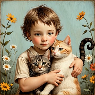 Whimsical folk art picture of a (little boy) and (cat) hugging each other.
,Perfect skin