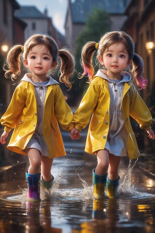 ultra detailed, (masterpiece, top quality, best quality, official art, beautiful face:1.2), (photorealistic:1.37), UHD, HDR, 16K, 8K, beautiful girl, sharp focus, Two girls playing in puddles wearing rain boots. In the center of the puddles,  there is a clear reflection of the transparent water surface with bright light reflecting upon it. The girls are dressed in yellow raincoats and wearing boots,  allowing them to play in the puddles without getting wet. One of them is an energetic girl with her hair tied up in pigtails,  while the other has cute short twin tails. Holding hands,  they jump and frolic,  creating splashes of water. The weather is fine after the rain,  and a vibrant rainbow stretches across the background,  creating a joyful atmosphere,  Dark night,  wind blowing,  stary night,  night sky,  absurderes,  high resolution,  Ultra detailed backgrounds,  highly detailed hair,  Calm tones,  (Geometry:1.42), Photograph the whole body,  Backlighting of natural light,  falling petals,  the source of light is the moon light,  colorful wear,  (adorable difference face:1.4),An angel ,real_booster