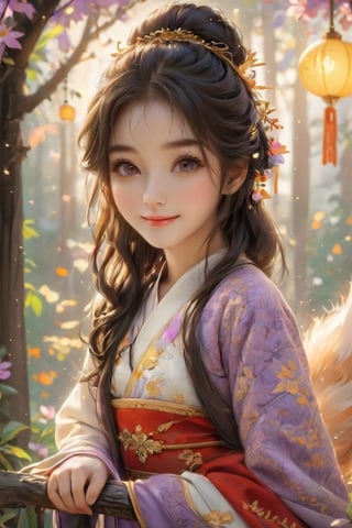 Beautiful 1girl, ((12 years old)), (masterpiece, top quality, best quality, official art, beautiful and aesthetic:1.2), (executoner), extreme detailed, colorful, highest detailed ((ultra-detailed)), (highly detailed CG illustration), ((an extremely delicate and beautiful)), cinematic light, niji style, Chinese house style, in the morning light, maple tree bloom, sunray through the leaves, beautiful eyes, ((light brown eyes)), perfect face, smiling happily, 32k ultra high definition, Pixar movie scene style, realistic high quality Portrait photography, eternal beauty, the lantern behind her emits a soft light, beautiful and dreamy, the flowers are in bloom, and the light bokeh serves as the background, (bronze eyes:1.4), ((purple and yellow hues)), cute animal winterhanfu, holding fox, funny pose, (seat on the swing :1.5), outside, many animals,1girl