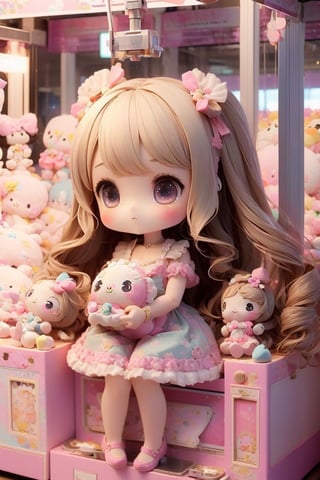 1girl, best quality, ultra-detailed, (((masterpiece))), (((best quality))), extremely detailed, ((claw machine)), ((claw is clamping a doll box up)), hand on bottom panel, control joystick and press button with hand, cleavage, big tits, ribbon, beige lace overalls, black updo longhair, shy, blush, petite figure proportion, claw machine, Glittering, cute and adorable, (perfect lighting, perfect shadow), wide shot, dreamlike scenery, Realism, blending colors,vibrant hues, amazing photo, wearing dress pretty ruffle, cute shoe, hug pillow heart, holding cute doll, Chibi, chibi,UFOCatcher