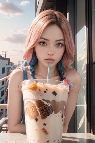 Adorable girl, perfect face, (best quality, masterpieces:1.3), (beautiful and aesthetic:1.2), colorful, dynamic angle, (Realistic:1.4), illustration, (high quality:1.3), (ultra detailed, ultra highres), 32K, (Beautifully Detailed Face and Fingers), (Five Fingers) Each Hand, sharp focus, professional dslr photo, photoreal, Thailand house style, (1 drinking straw, milk tea or other ,food on the balcony outside the room:1.5), See the evening view, forehead jewel, rose jewelry, nice hand, nice fingers, adorable style fashion, volumetric fx, ray tracing, (((intricate detailed))), extremely detailed CG, (hyper realism, soft light, dramatic light, sharp, HDR, UHD), perfect image, vivid color, (extra wide shot :1.5), (official art, extreme detailed, highest detailed), more detailed, Thai food style,sweets desert,(colorful pink-yellow sky), rosy skin, dream eyes, line art, 1girl,cute,tot-rose,hirose yasuho