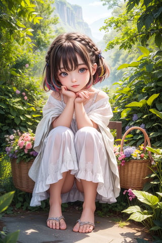 (best quality),(masterpiece:1.1),(extremely detailed CG unity wallpaper:1.1), (colorful cloth :1.3),(panorama shot:1.4),looking at viewer, from below, high res, detailed face, detailed eyes, 1 girl, solo, short-bob roughtly cut and two braided hair-bangs tied behind her head, cute hairstyle, full body, mountain forest , outdoors, (perfect fingers :1.4), perfect face, five fingers for each hand, fantasy, hugging basket , Exquisite face