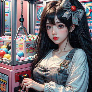 1girl, best quality, ultra-detailed, (((masterpiece))), (((best quality))), extremely detailed, ((claw machine)), ((claw is clamping a doll box up)), hand on bottom panel, control joystick and press button with hand, cleavage, big tits, ribbon, beige lace overalls, black updo longhair, shy, blush, petite figure proportion, claw machine, Glittering, cute and adorable, (perfect lighting, perfect shadow), dreamlike scenery,Realism, blending colors,vibrant hues, amazing photo, wearing dress pretty bow patterns, Chibi, 