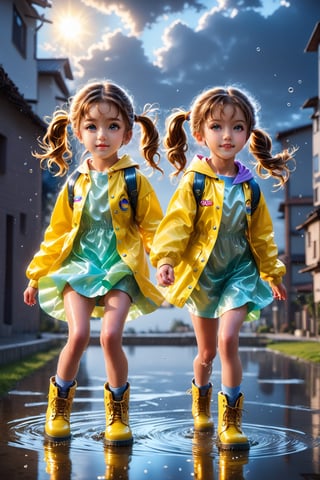 ultra detailed, (masterpiece, top quality, best quality, official art, beautiful face:1.2), (photorealistic:1.37), UHD, HDR, 16K, 8K, beautiful girl, sharp focus, Two girls playing in puddles wearing rain boots. In the center of the puddles,  there is a clear reflection of the transparent water surface with bright light reflecting upon it. The girls are dressed in yellow raincoats and wearing boots,  allowing them to play in the puddles without getting wet. One of them is an energetic girl with her hair tied up in pigtails,  while the other has cute short twin tails. Holding hands,  they jump and frolic,  creating splashes of water. The weather is fine after the rain,  and a vibrant rainbow stretches across the background,  creating a joyful atmosphere,  Dark night,  wind blowing,  stary night,  night sky,  absurderes,  high resolution,  Ultra detailed backgrounds,  highly detailed hair,  Calm tones,  (Geometry:1.42), Photograph the whole body,  Backlighting of natural light,  falling petals,  the source of light is the moon light, colorful wear,  (adorable difference face:1.4), big dream eyes, 