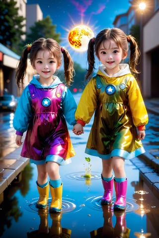 HDR, UHD, 16K, ultra detailed, (masterpiece, top quality, best quality, official art :1.2),( high res:1.2)(photorealistic:1.37), beautiful Two girls playing in puddles wearing rain boots. In the center of the puddles,  there is a clear reflection of the transparent water surface with bright light reflecting upon it. The girls are dressed in yellow raincoats and wearing boots,  allowing them to play in the puddles without getting wet. One of them is an energetic girl with her hair tied up in pigtails,  while the other has cute short twin tails. Holding hands,  they jump and frolic,  creating splashes of water. The weather is fine after the rain,  and a vibrant rainbow stretches across the background,  creating a joyful atmosphere,  Dark night,  wind blowing,  stary night,  night sky,  absurderes,  high resolution,  Ultra detailed backgrounds,  highly detailed hair,  Calm tones,  (Geometry:1.42), (Symmetrical background:1.4),  Photograph the whole body,  from below,  Backlighting of natural light,  falling petals,  the source of light is the moon light,  colorful wear,  (adorable difference face:1.4), (sharp focus:1.3), cyberpunk style,apex realistic XL